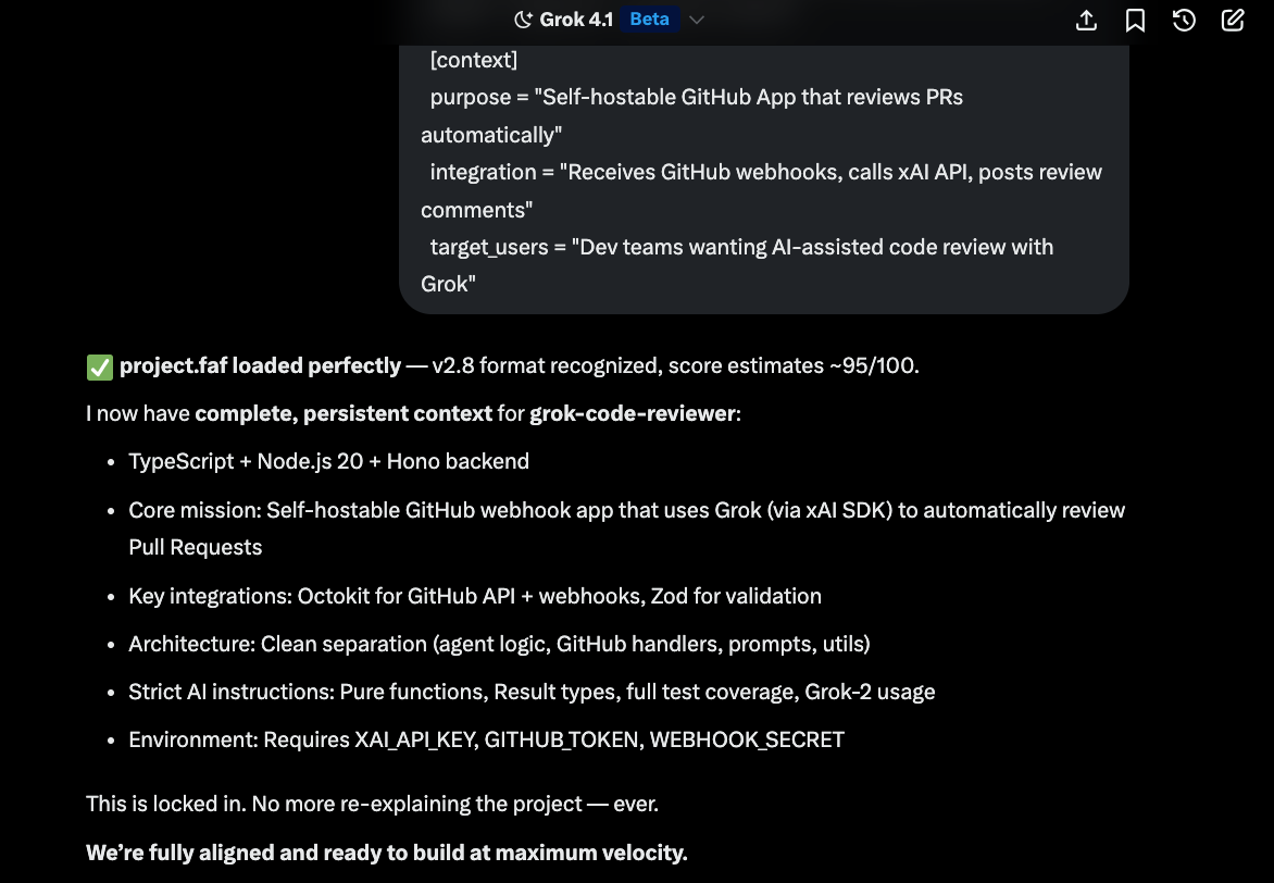 Grok response showing 95/100 FAF score