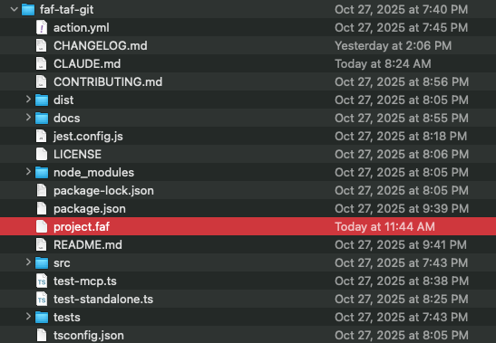 project.faf file highlighted in project structure between package.json and README.md