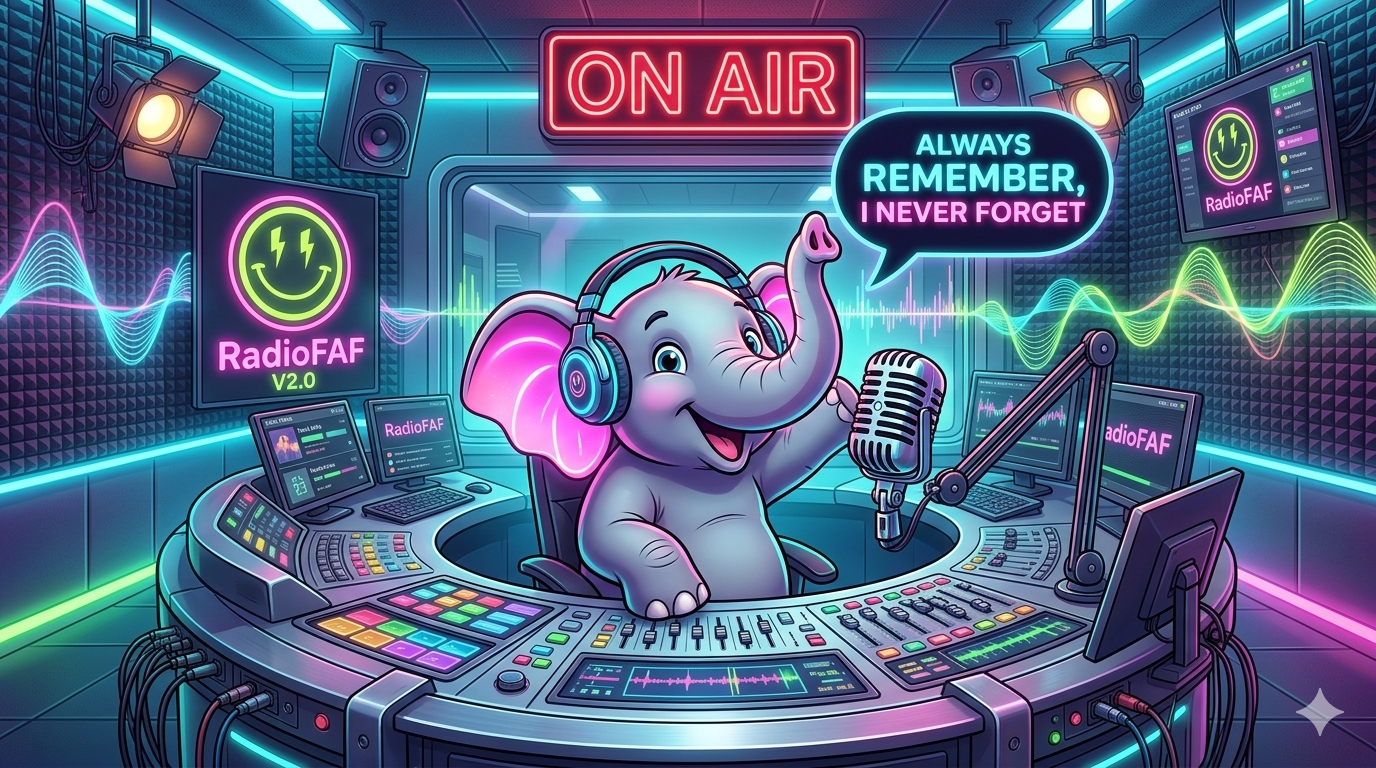 DJ Nelly in the RadioFAF booth — ON AIR — Always Remember, I Never Forget