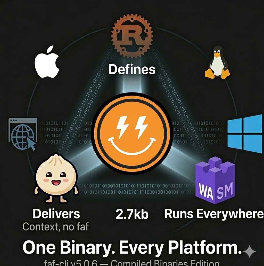 Rust defines, Bun delivers, WASM runs everywhere — DotFaf at center with platform icons