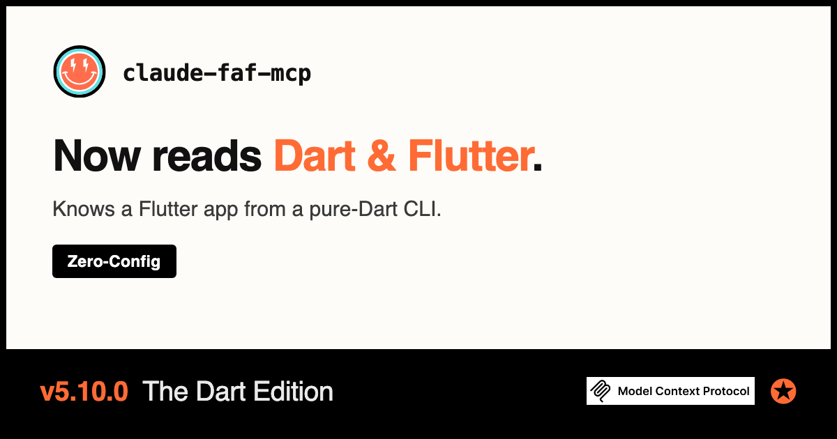 claude-faf-mcp v5.10.0 — The Dart Edition: now reads Dart & Flutter, knows a Flutter app from a pure-Dart CLI. Zero-Config.