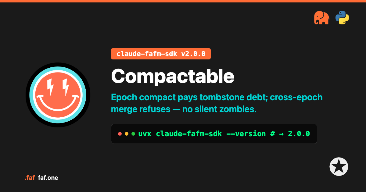 Compactable — claude-fafm-sdk v2.0.0. Epoch compact pays tombstone debt; cross-epoch merge refuses — no silent zombies.