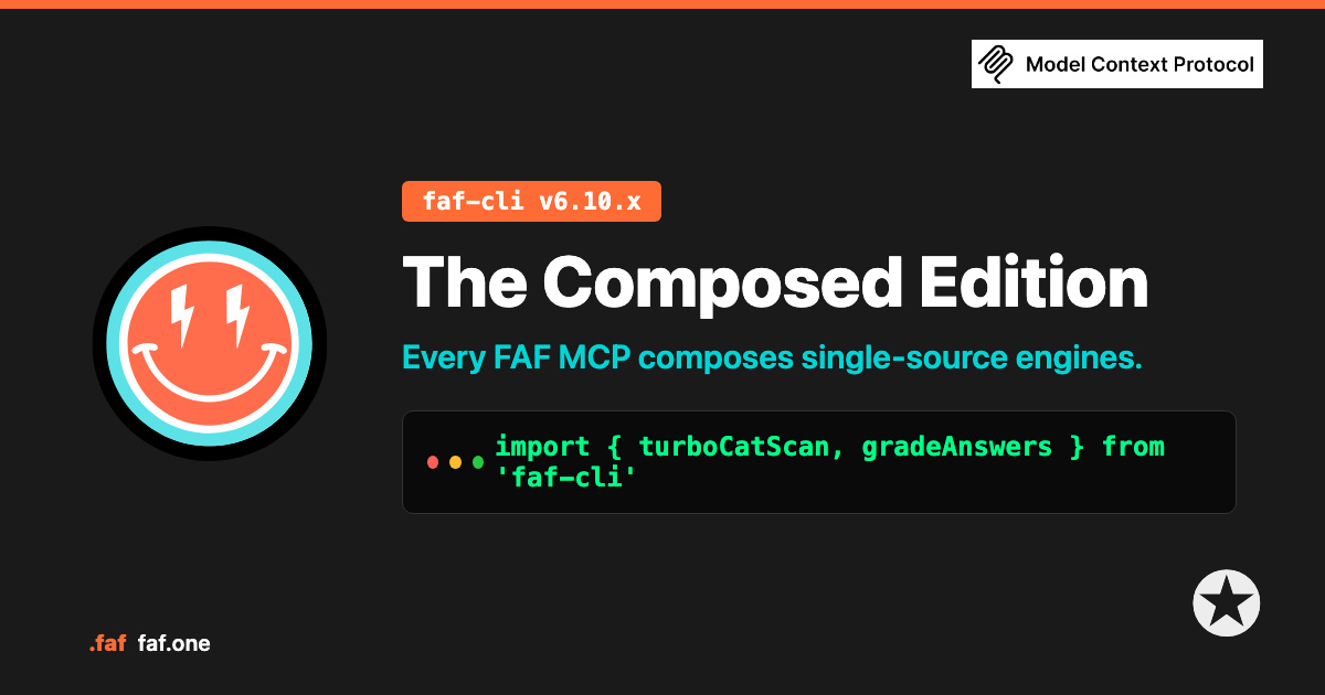 faf-cli v6.10.x The Composed Edition — dotFaf smiley beside a terminal importing turboCatScan and gradeAnswers from faf-cli, with the MCP mark and ✪ seal.