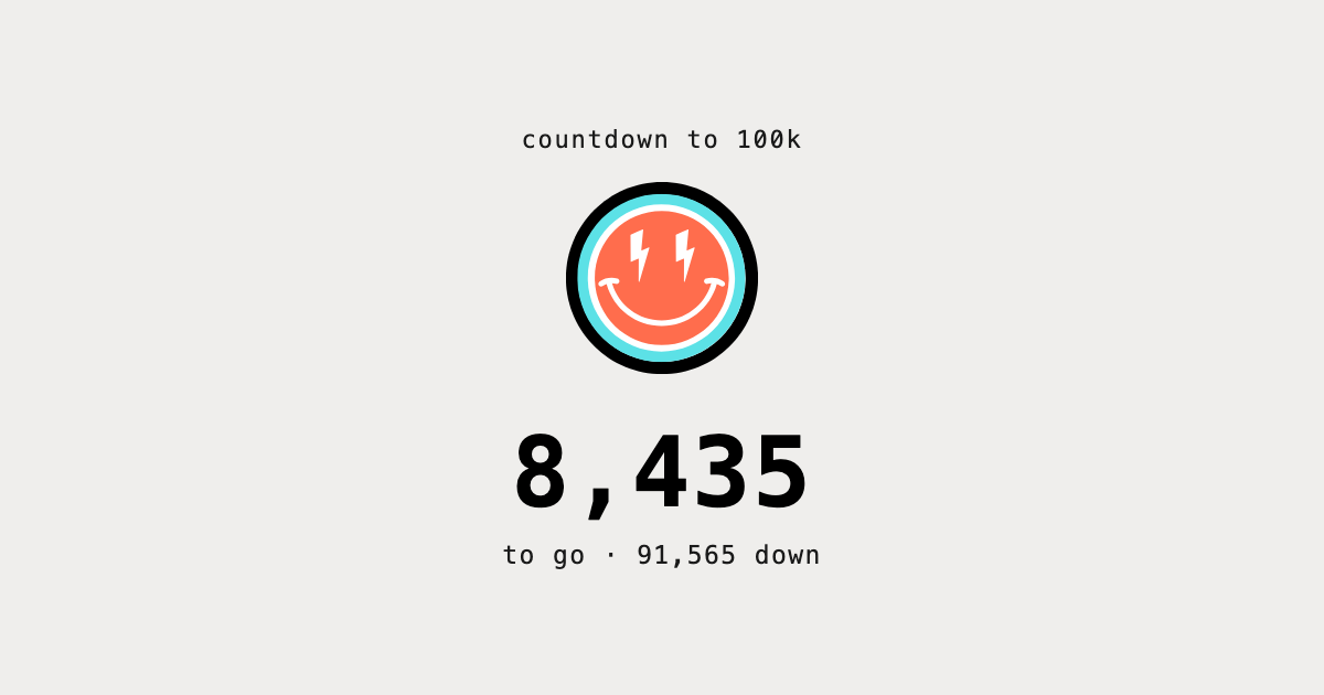 Countdown to 100k flash card — the dotFaf smiley above 8,435 to go, 91,565 down.