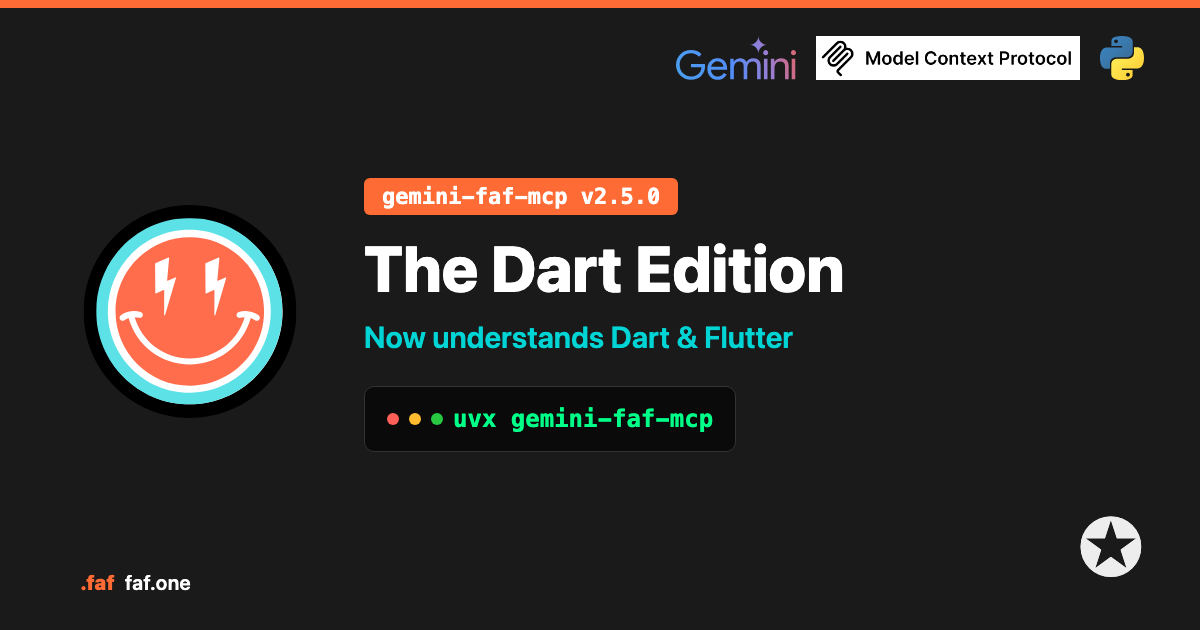 The Dart Edition — gemini-faf-mcp 2.5.0 reads a pubspec.yaml and writes Dart and Flutter into the .faf.