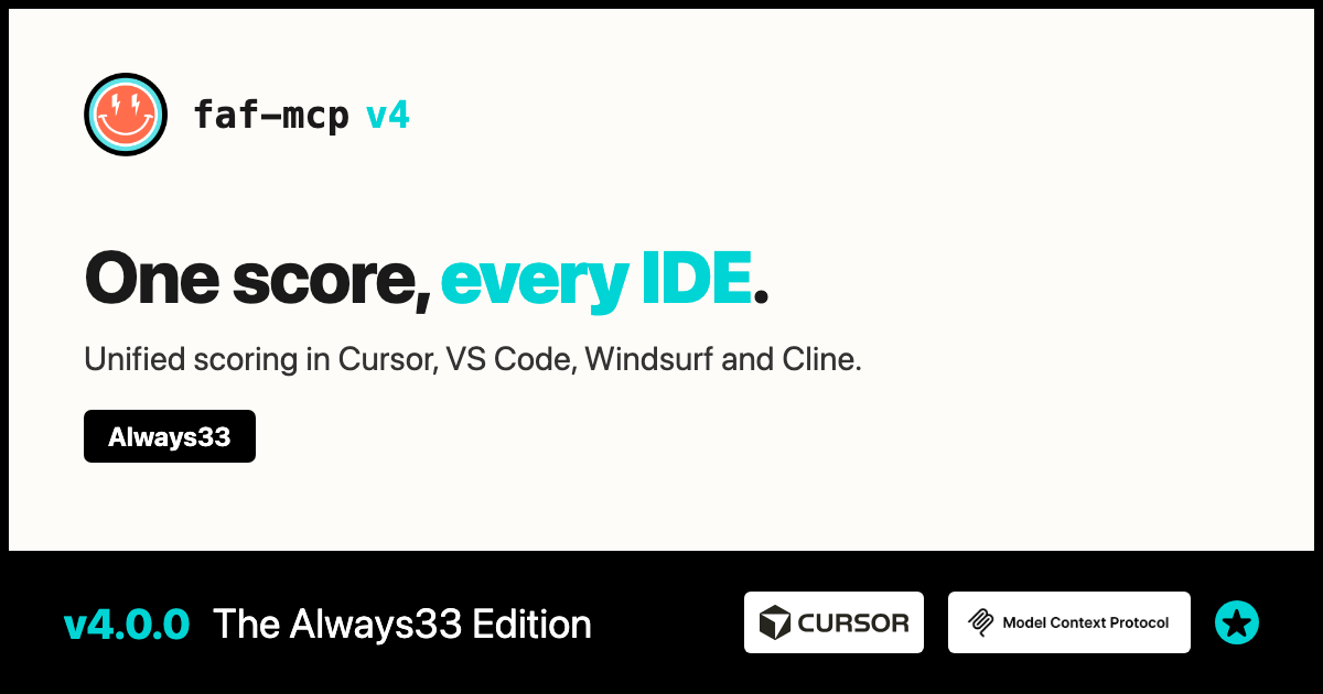 faf-mcp v4.0.0, The Always33 Edition: one score, every IDE. Unified scoring in Cursor, VS Code, Windsurf and Cline.