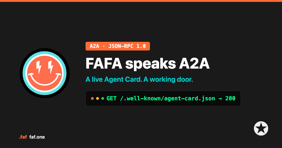 FAFA speaks A2A — live Agent Card, JSON-RPC 1.0 door.