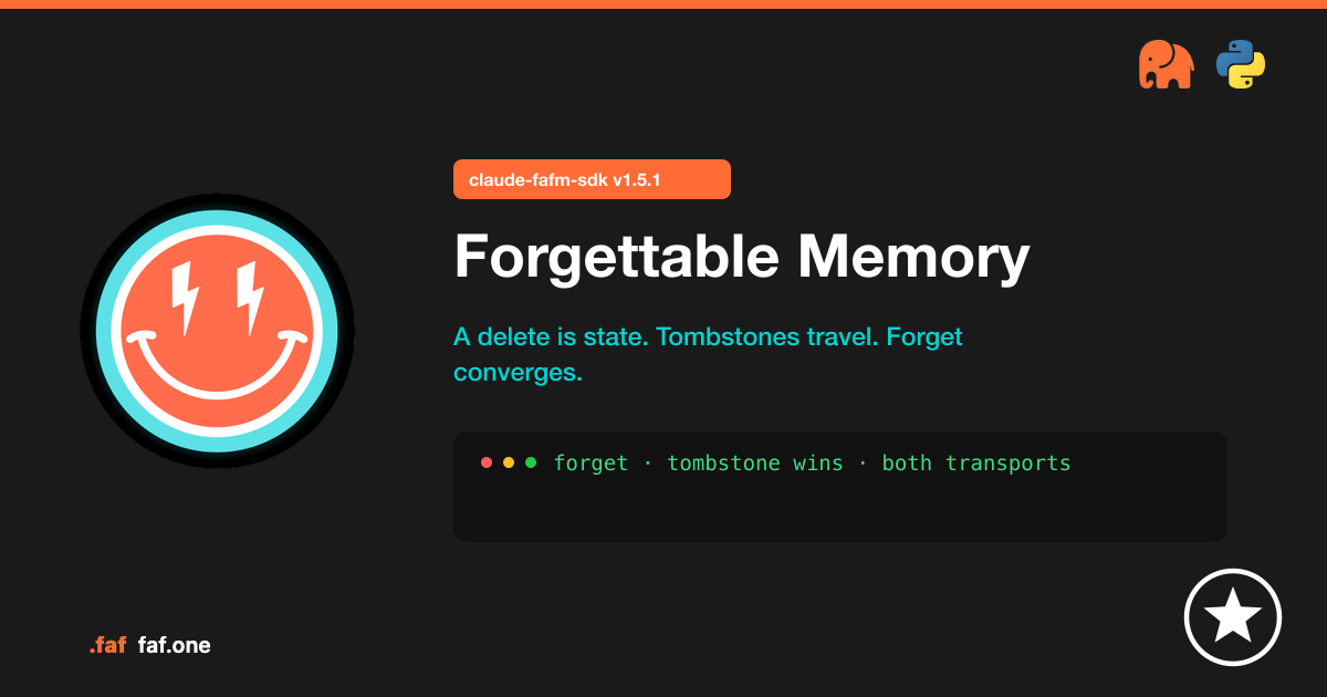 Forgettable Memory — claude-fafm-sdk v1.5.1. A delete is state; tombstones travel; forget converges.