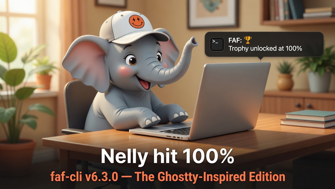 Nelly the FAF elephant at her laptop, trunk raised, with a macOS notification reading FAF: Trophy unlocked at 100%