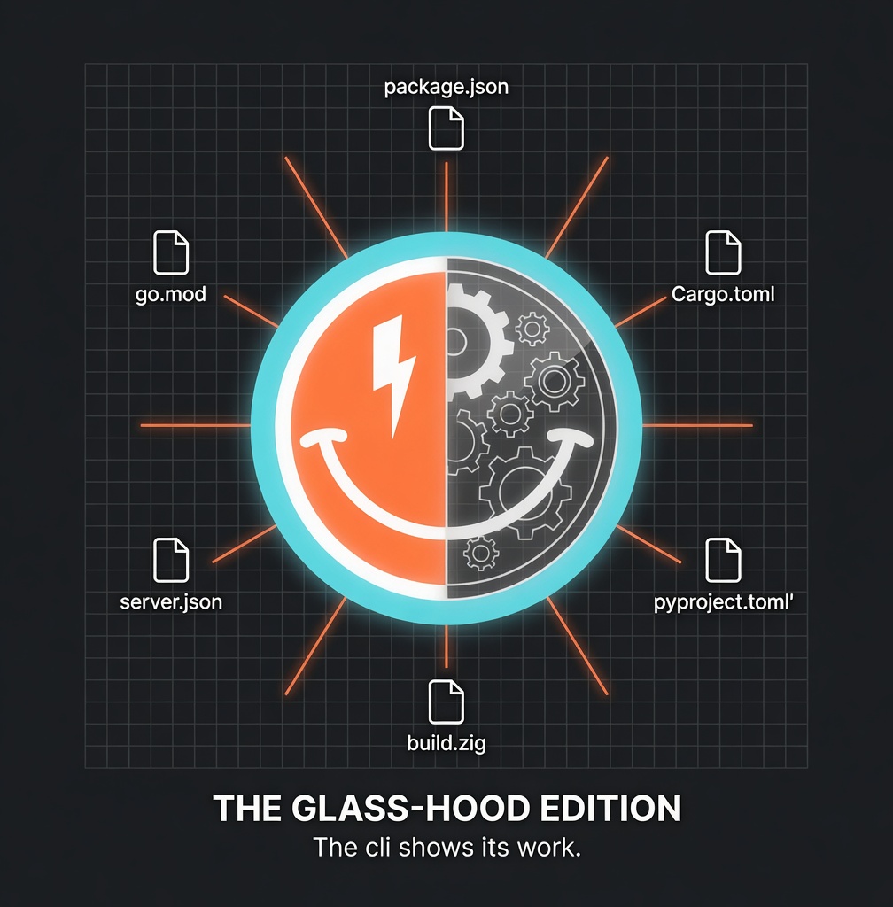 The Glass-Hood Edition — orange smiley with right half shown in glass cutaway revealing internal gears, surrounded by file icons (package.json, Cargo.toml, pyproject.toml, build.zig, server.json, go.mod)
