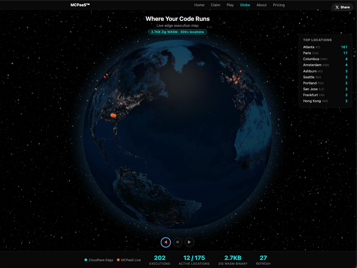 FAF Globe — live 3D edge execution map showing 17 cities across 4 continents