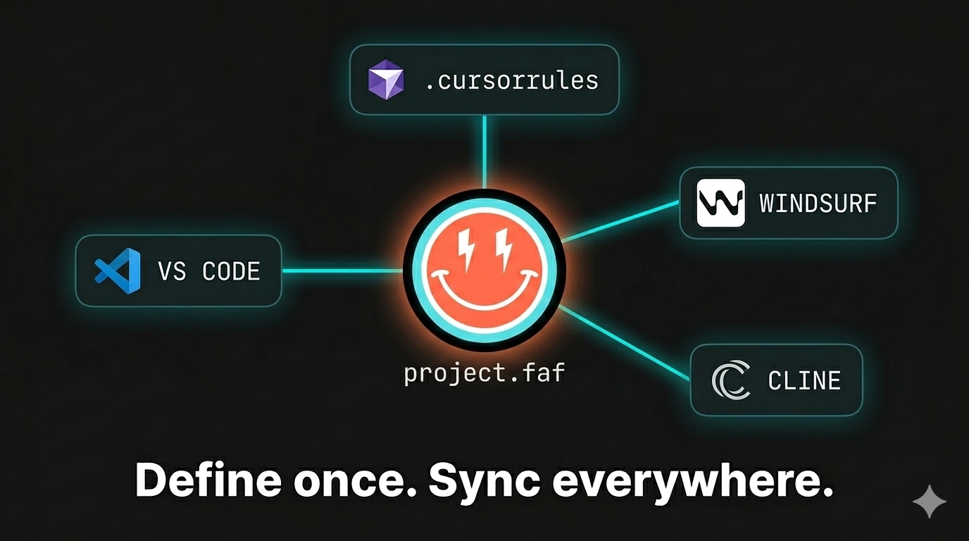 faf-mcp v2.0.0 - Define once. Sync everywhere. project.faf connecting to Cursor, Windsurf, Cline, and VS Code