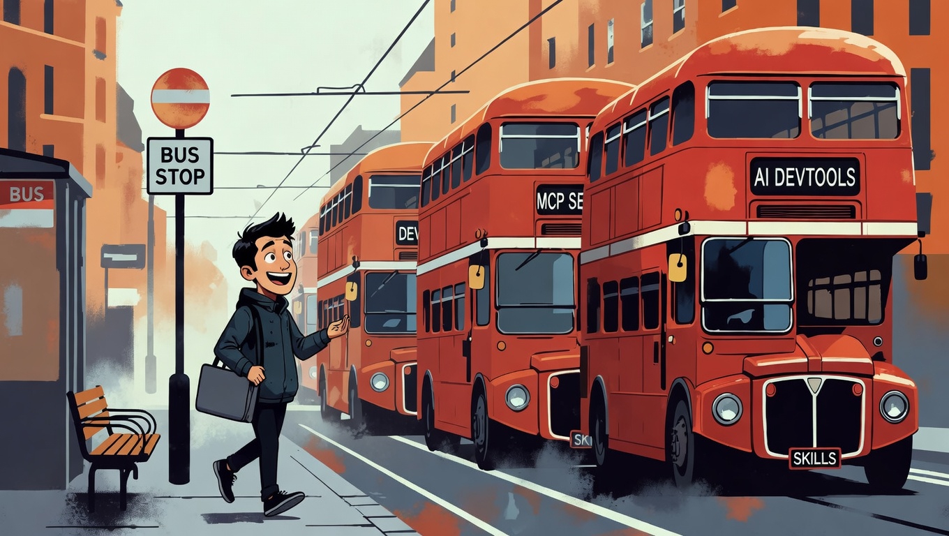 Developer at a London bus stop as four red double-decker buses arrive — AI DevTools, MCP Servers, DevOps, Skills