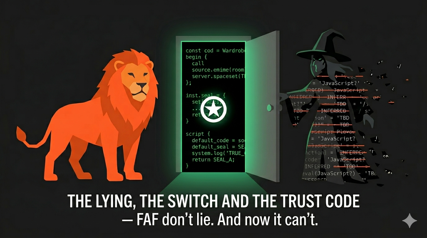 The Lying, the Switch and the Trust Code — dotFaf smiley beside a terminal reading MCPB SHA Gate: real + verified — or NO PUBLISH, with the ✪ seal.