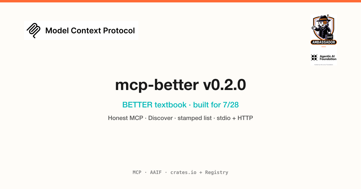 mcp-better v0.2.0 — BETTER textbook · built for 7/28. MCP and AAIF marks.