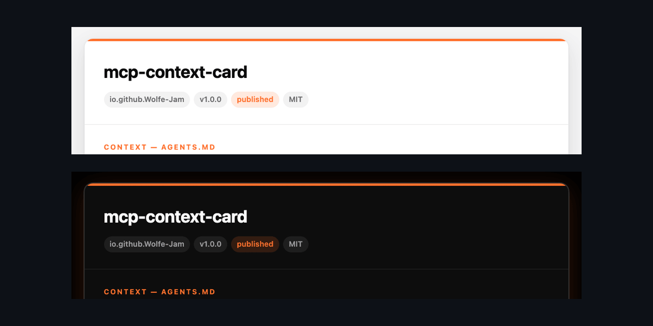 the context card — identity, AGENTS.md and memory rendered as one page, light and dark