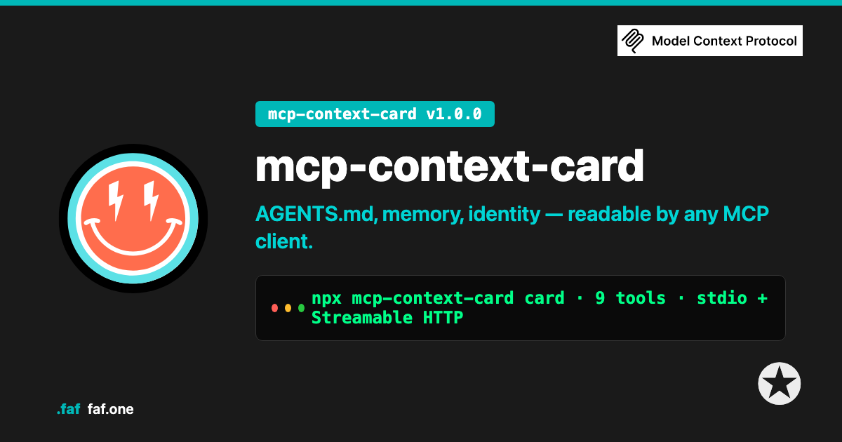 mcp-context-card v1.0.0 — AGENTS.md, memory, identity readable by any MCP client