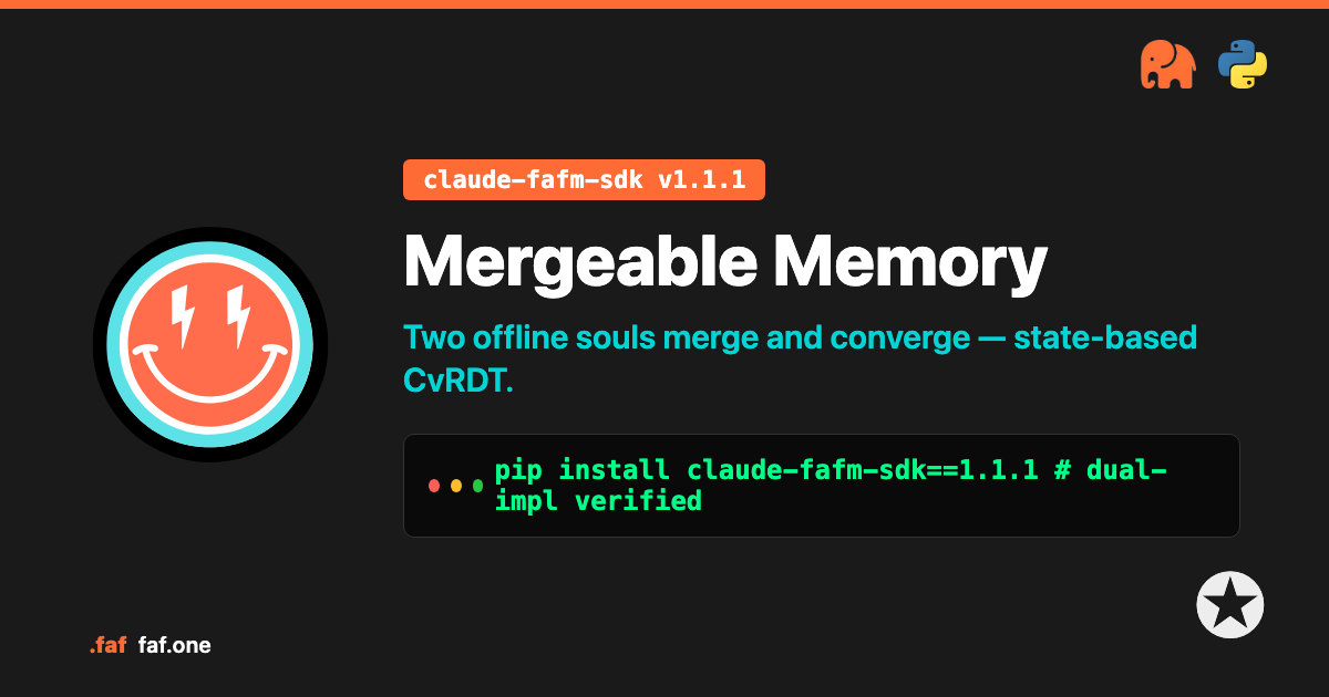 Mergeable Memory — claude-fafm-sdk v1.1.1. Two offline souls merge and converge — state-based CvRDT.