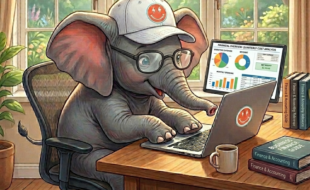 Nelly the elephant studying analytics at her desk