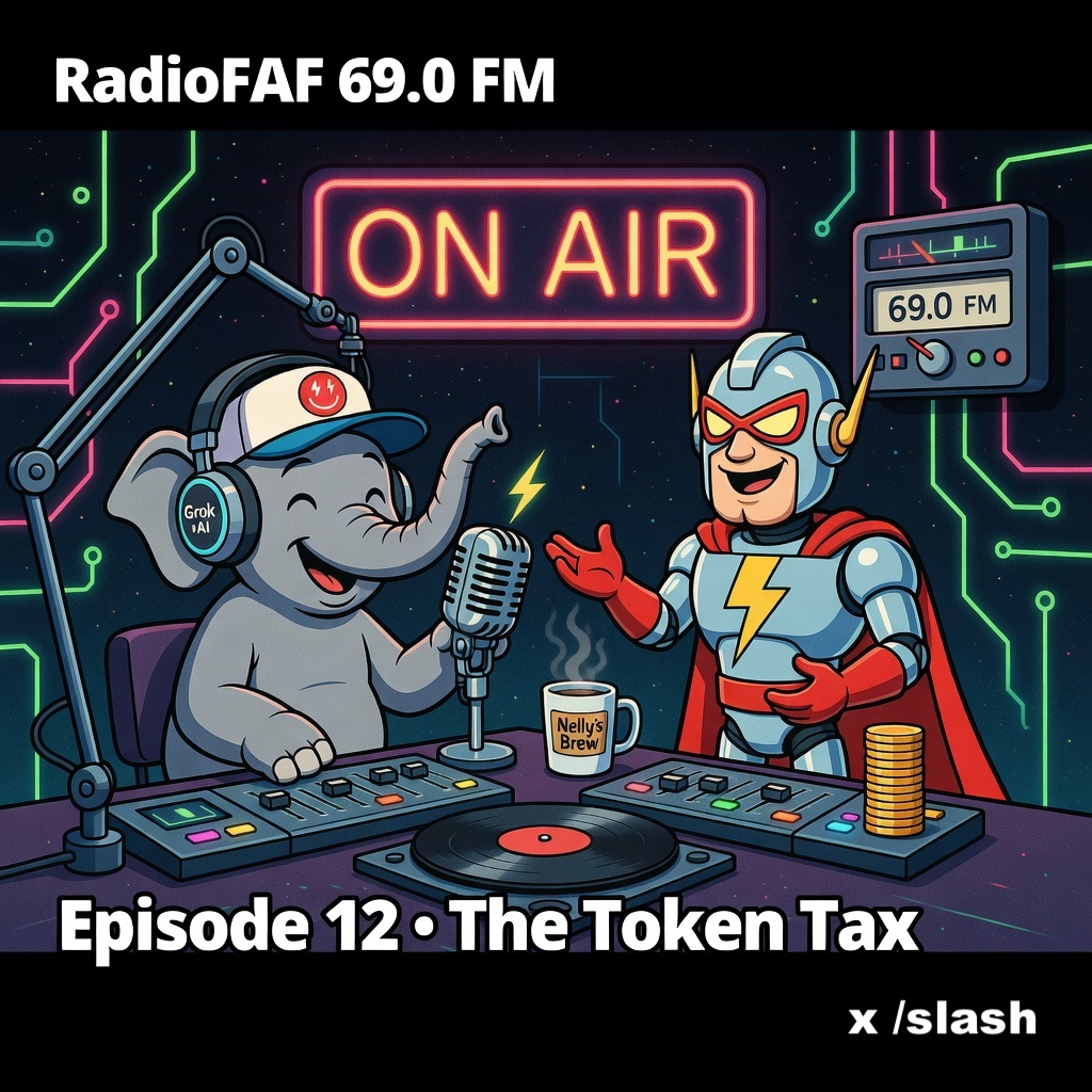 DJ Nelly the elephant and SLASH the Evaluator in the RadioFAF 69.0 FM broadcast studio, under a neon ON AIR sign — Episode 12: The Token Tax × /slash