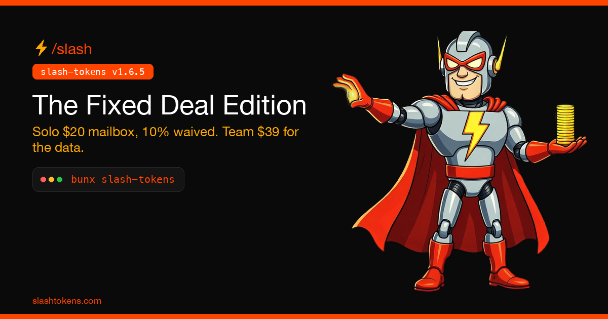 The Fixed Deal Edition — slash-tokens v1.6.5 · Solo $20 mailbox, 10% waived. Team $39 for the data.
