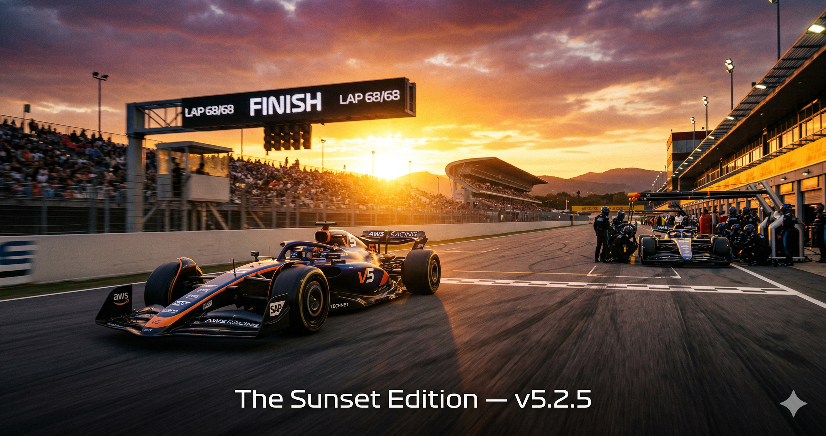 F1 car crossing finish line at sunset — LAP 68/68 — The Sunset Edition v5.2.5
