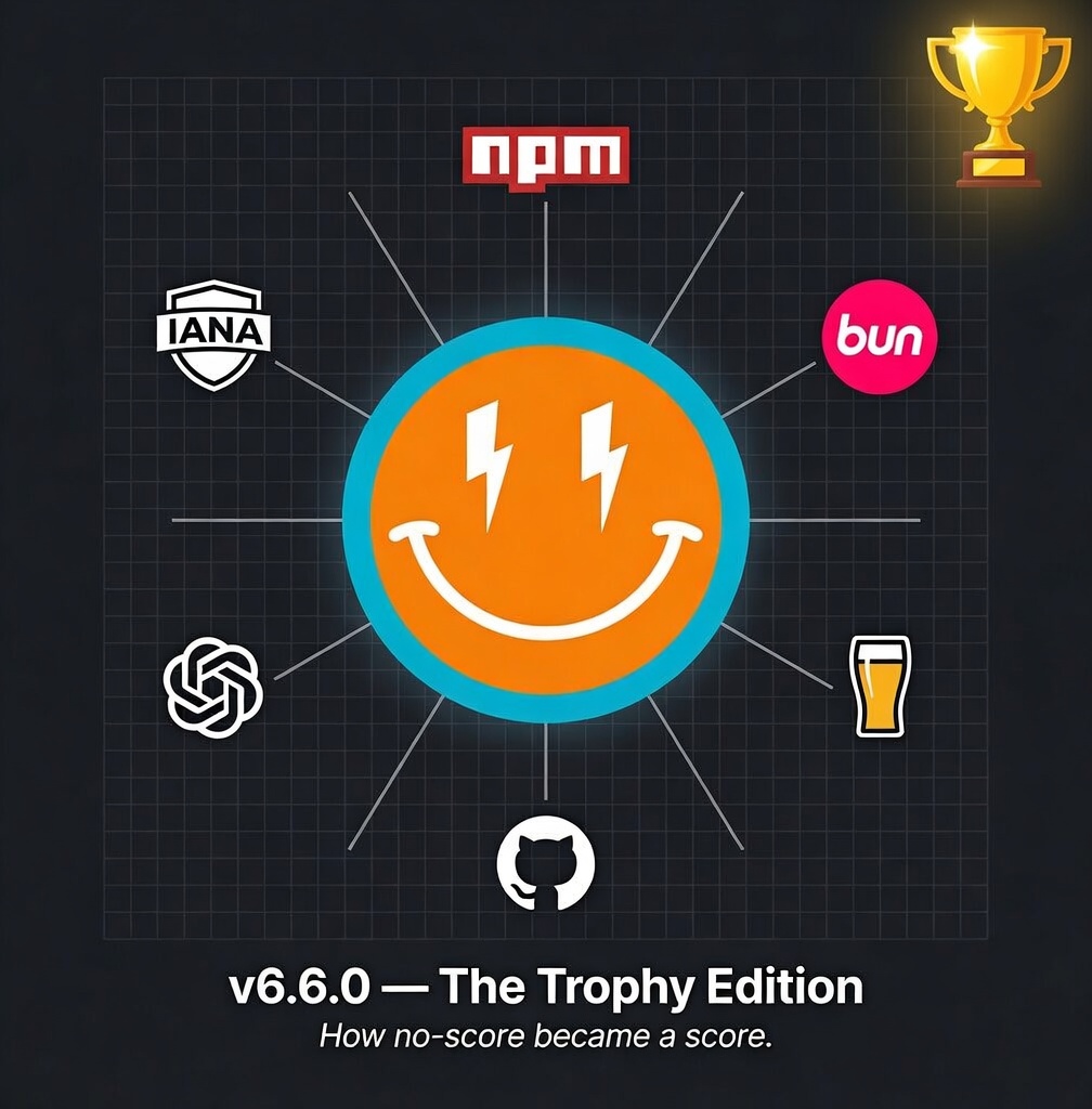 The Trophy Edition — Dorothy smiley at center, constellation of npm, Bun, Homebrew, GitHub, IANA, OpenAI logos radiating outward, trophy in upper-right corner.
